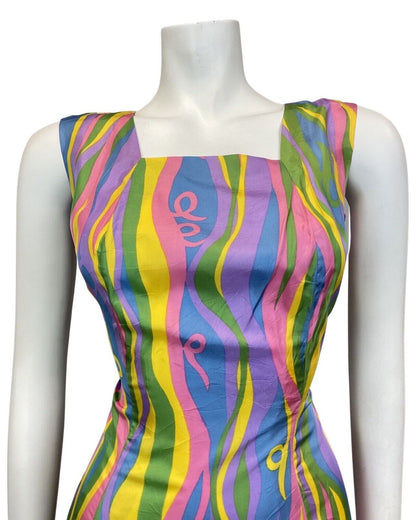 VINTAGE 60s 70s PURPLE BLUE YELLOW GREEN PSYCHEDELIC SLEEVELESS WIGGLE DRESS 10