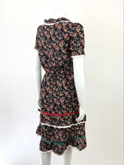 VINTAGE 60s 70s BLACK WHITE RED PEACH FLORAL DITSY PRAIRIE BOHO DRESS 8 10