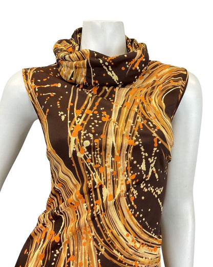 VINTAGE 60s 70s BROWN GOLD CREAM PSYCHEDELIC SWIRL COWL-NECK MAXI DRESS 8 10
