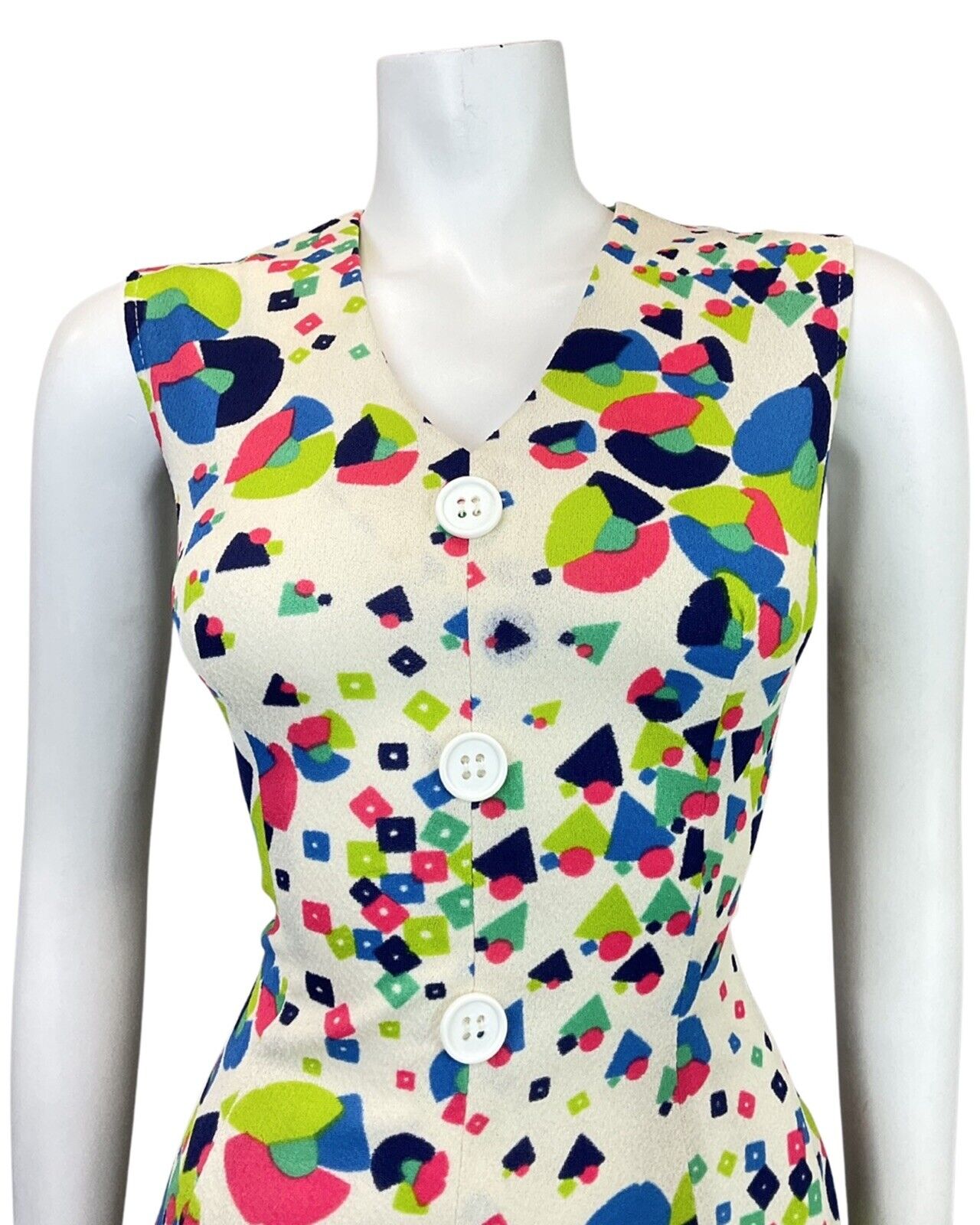 VINTAGE 60s 70s CREAM GREEN PINK GEOMETRIC PSYCHEDELIC SLEEVELESS SWING DRESS 12