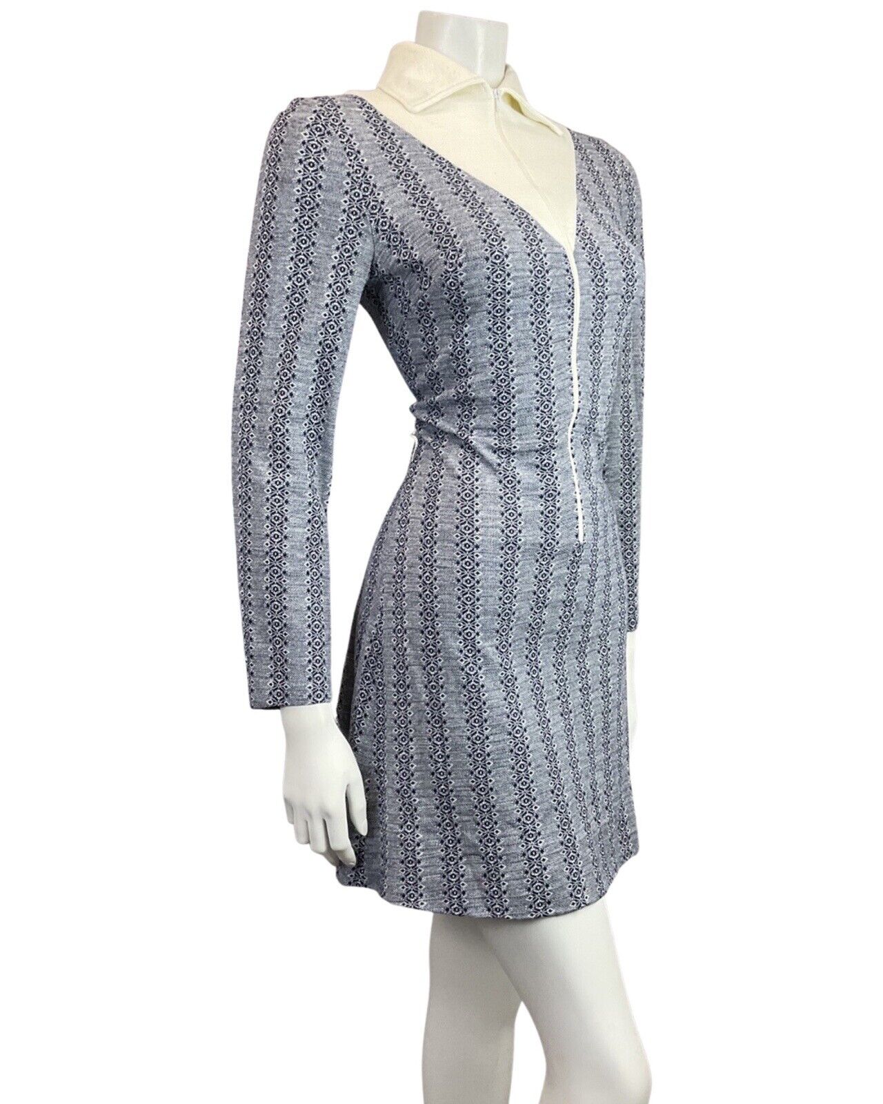 VINTAGE 60s 70s NAVY BLUE CREAM STRIPED ZIP-UP MOD FITTED SHIRT DRESS 10 12