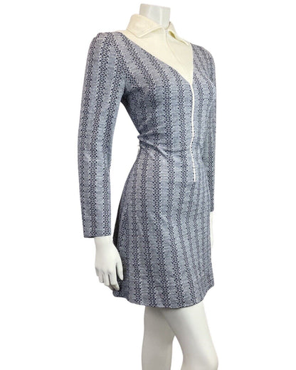 VINTAGE 60s 70s NAVY BLUE CREAM STRIPED ZIP-UP MOD FITTED SHIRT DRESS 10 12