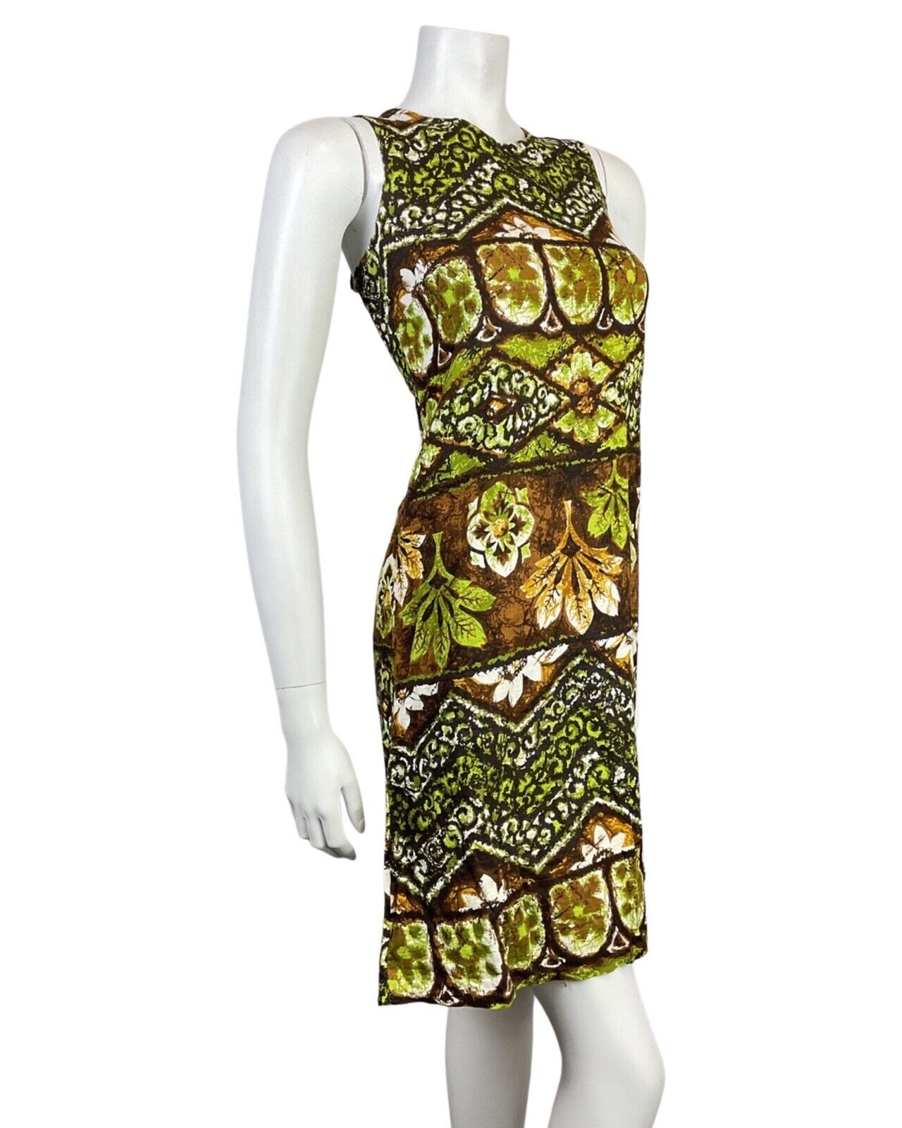 VTG 60s 70s GREEN BROWN WHITE FLORAL GEOMETRIC HAWAIIAN TIKI SHIFT DRESS 8 10