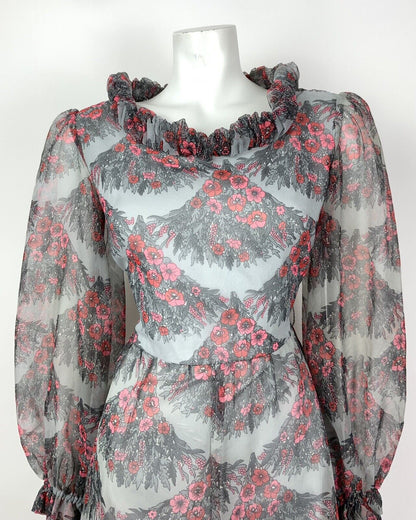 VINTAGE 60s 70s GREY RED PINK FLORAL SCALES RUFFLED SHEER MOD DRESS 12 14