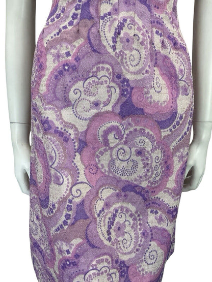 VTG 60S PURPLE WHITE PSYCHDELIC SWIRL SMOCKED WAIST SPARKLY PARTY DRESS 8 10 S
