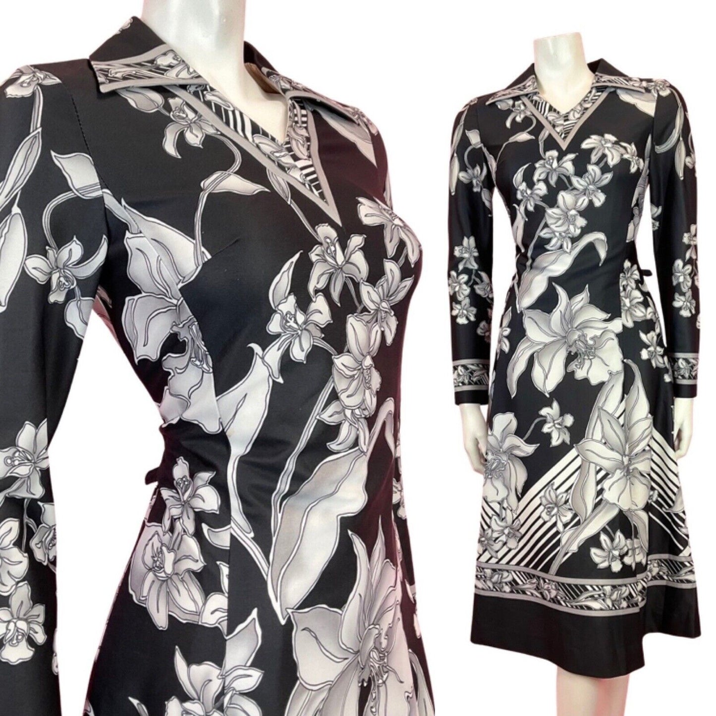 VINTAGE 60s 70s BLACK WHITE GREY FLORAL LILY ROSE SHIRT SWING DRESS 10