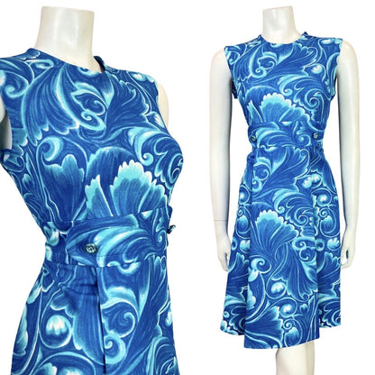 VINTAGE 60s 70s BLUE WHITE PSYCHEDELIC SWIRL MOD SLEEVELESS DRESS 10 12
