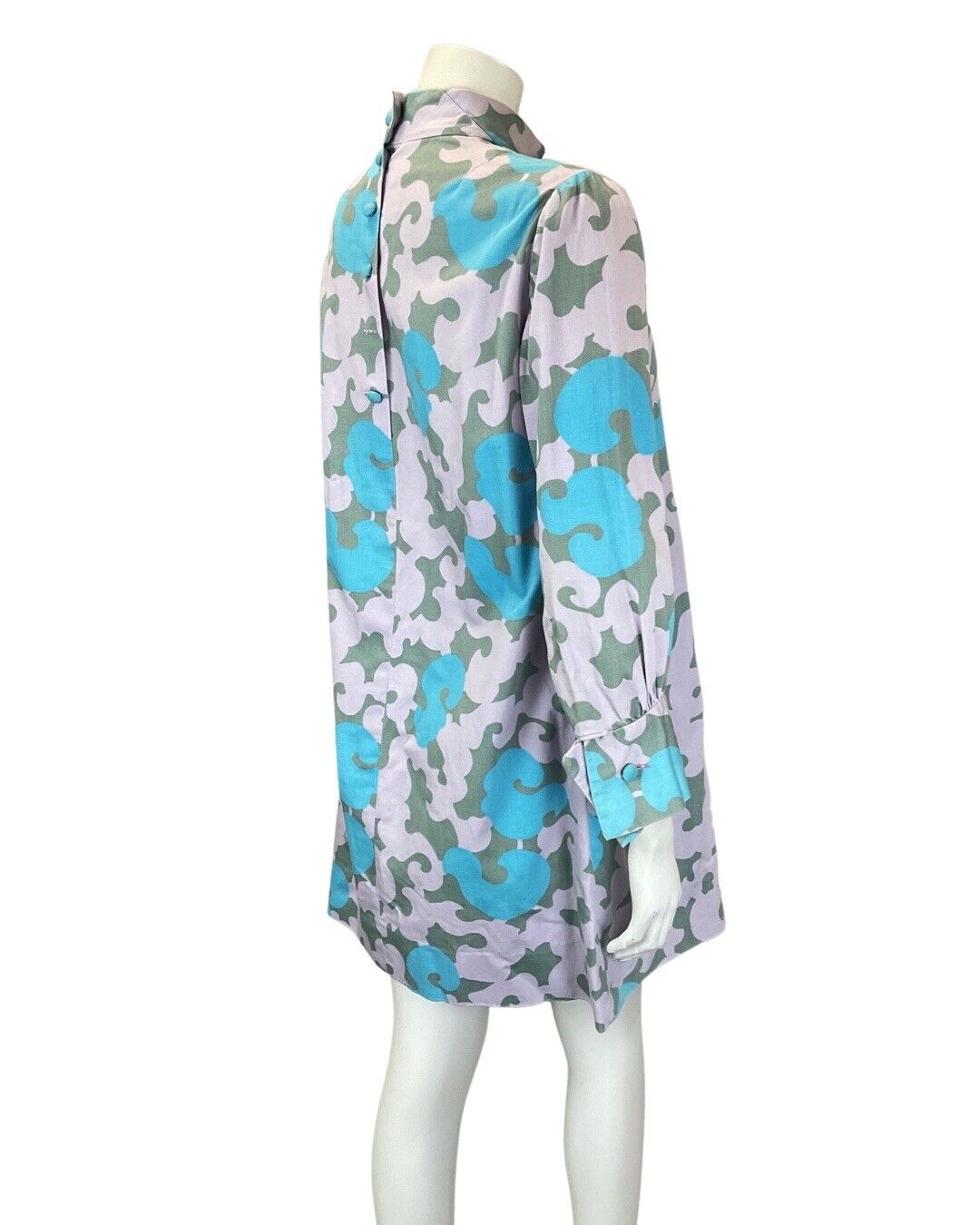 VINTAGE 60s 70s LILAC BLUE GREN ORNATE SWIRLING HIGH NECK MOD SHIFT DRESS 12 14