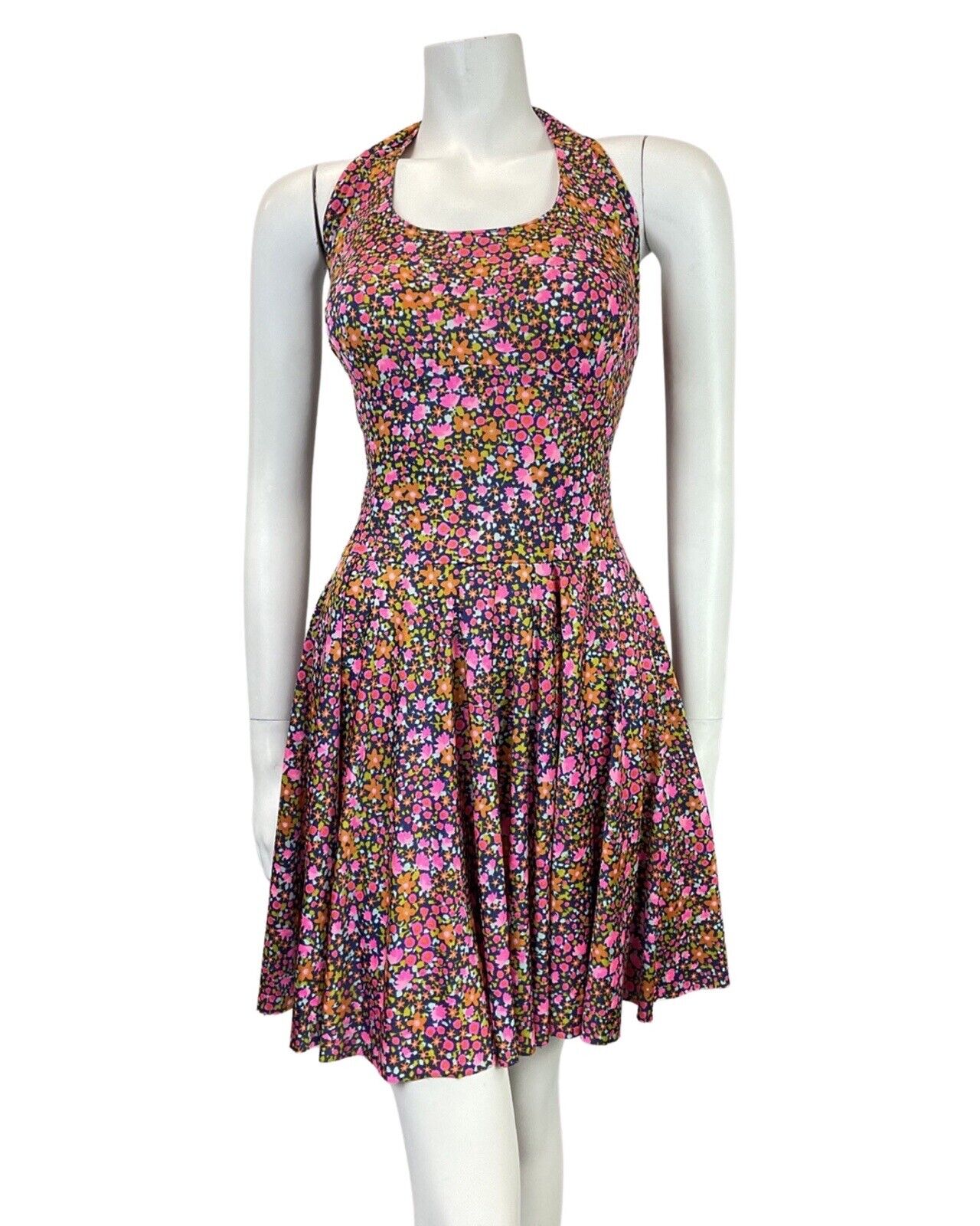 VINTAGE 60s 70s BLUE PINK GREEN DITSY FLOWER HALTER SUMMER SWING DRESS 8 10