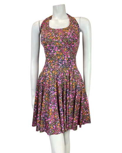 VINTAGE 60s 70s BLUE PINK GREEN DITSY FLOWER HALTER SUMMER SWING DRESS 8 10