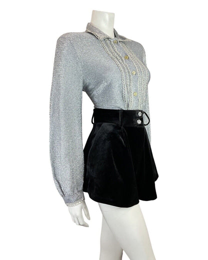 VINTAGE 60s 70s SILVER SCALLOPED GLITTER DISCO PARTY STUDIO 54 LUREX SHIRT 14 16