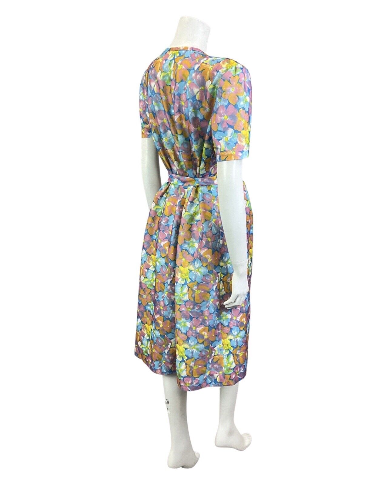 VINTAGE 60s 70s BLUE GREEN ORANGE FLORAL PSYCHEDELIC MOD SUMMER DRESS 14 16