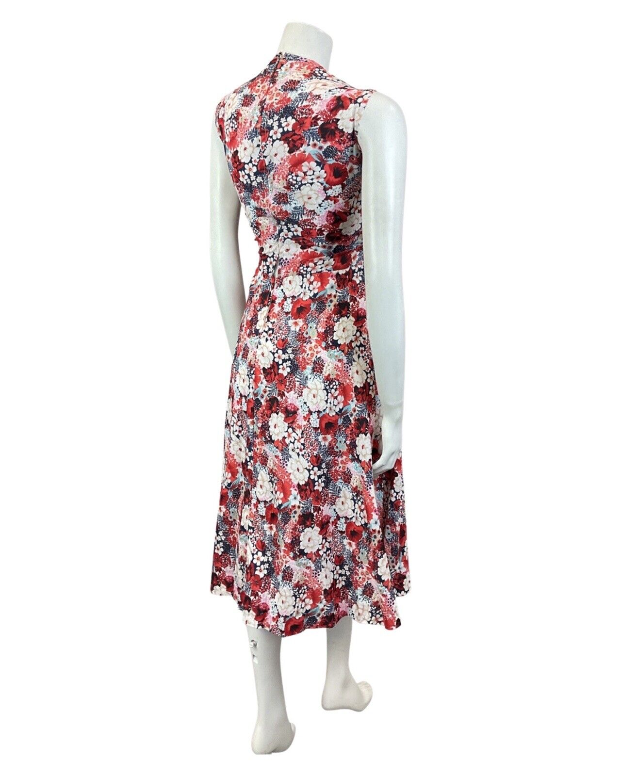 VINTAGE 60s 70s RED BLUE WHITE FLORAL DITSY SLEEVELESS SUMMER SWING DRESS 14