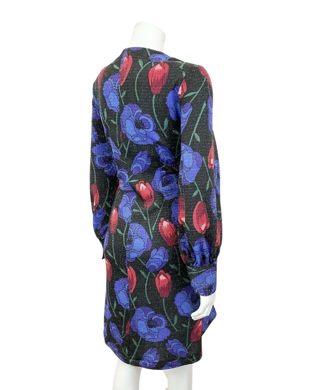 VINTAGE 60s 70s BLACK BLUE RED FLORAL ROSE TULIP LUREX PARTY GLAM DRESS 16 18