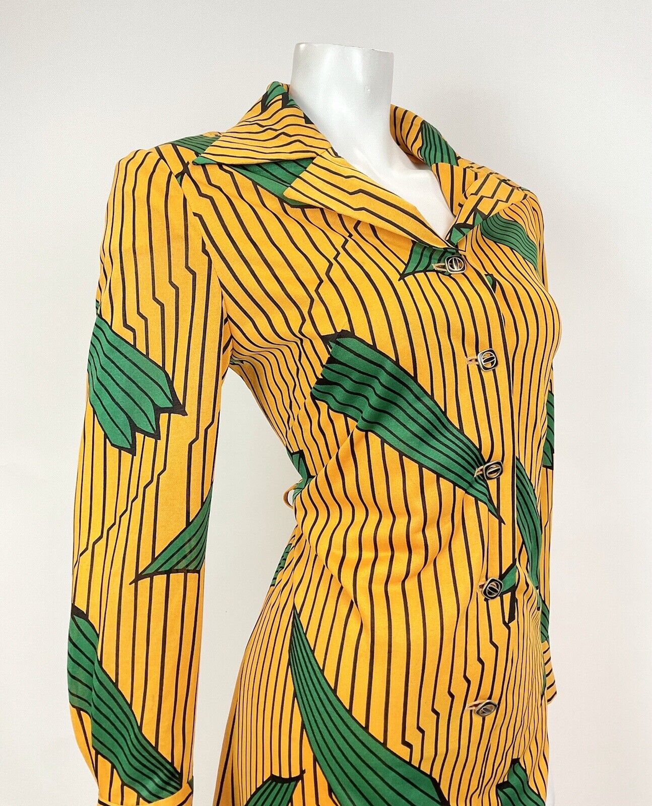 VINTAGE 60s 70s YELLOW BLACK GREEN STRIPED LEAFY MOD DAGGER SHIRT DRESS 10 12