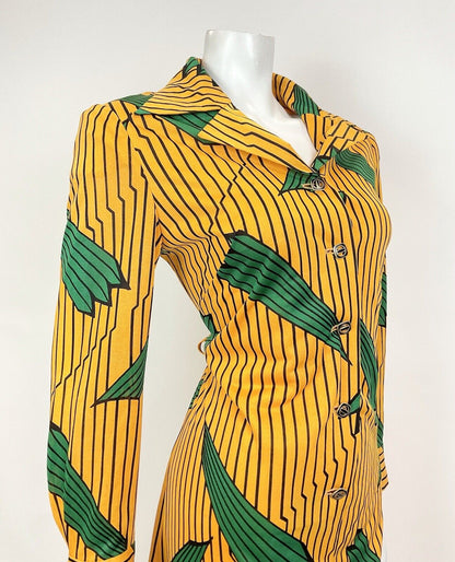 VINTAGE 60s 70s YELLOW BLACK GREEN STRIPED LEAFY MOD DAGGER SHIRT DRESS 10 12