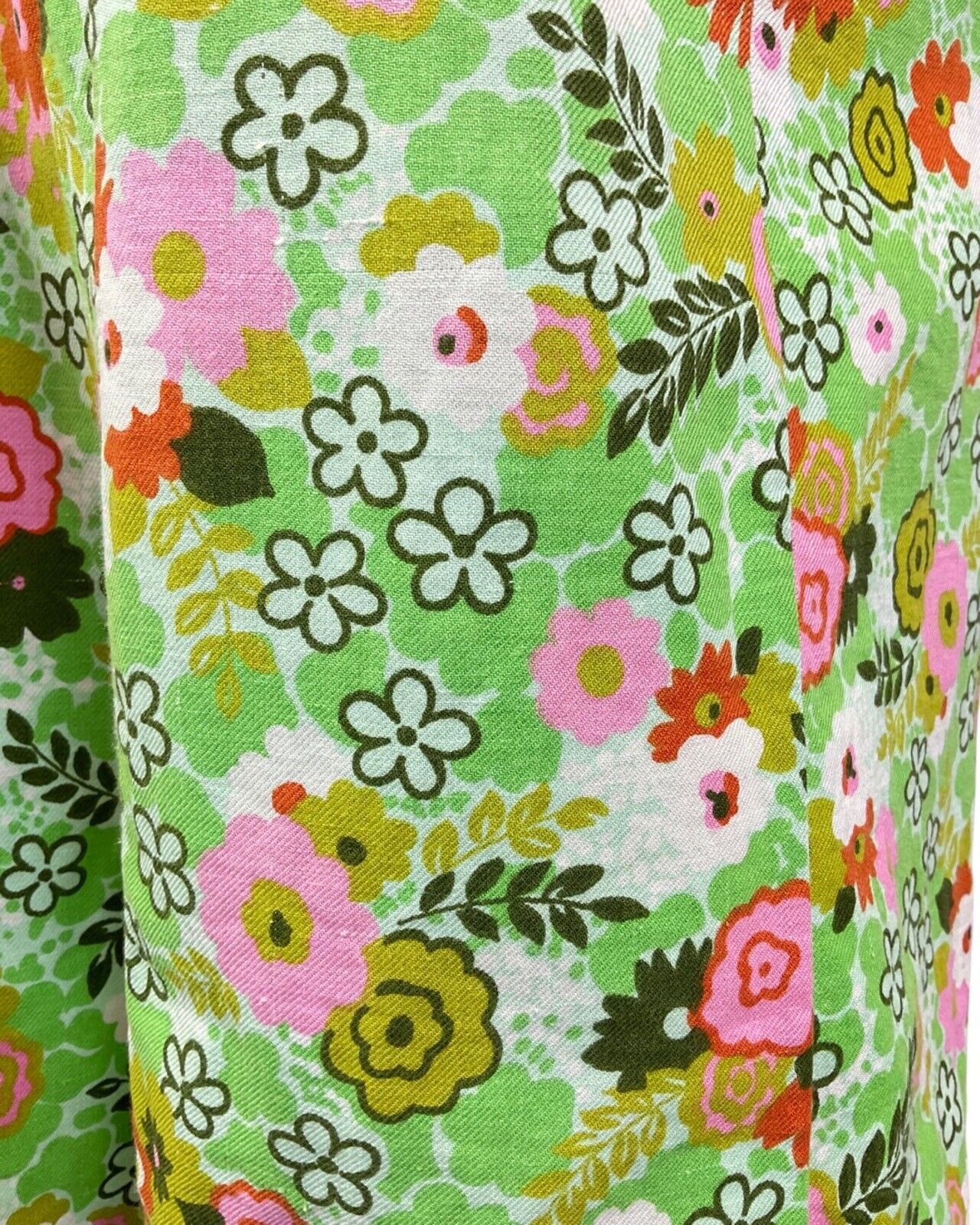 VINTAGE 60s 70s GREEN PINK WHITE FLORAL PSYCHEDELIC ZIP-UP MOD DRESS 12