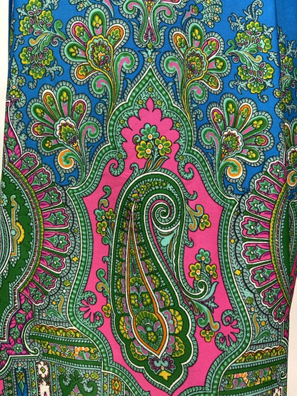 VTG 60s 70s BLUE PINK GREEN FLORAL PAISLEY INDIAN ETHNIC DAGGER COLLAR DRESS 16