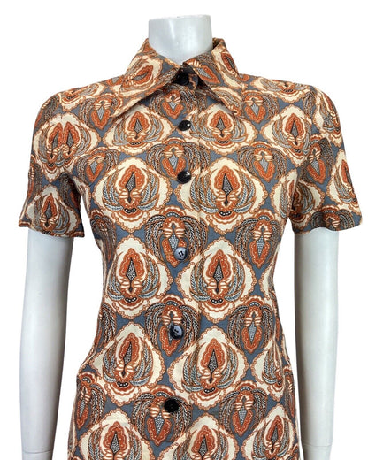 VINTAGE 60s 70s CREAM BLUE ORANGE PSYCHEDELIC FLORAL DAGGER SHIRT DRESS 10 12