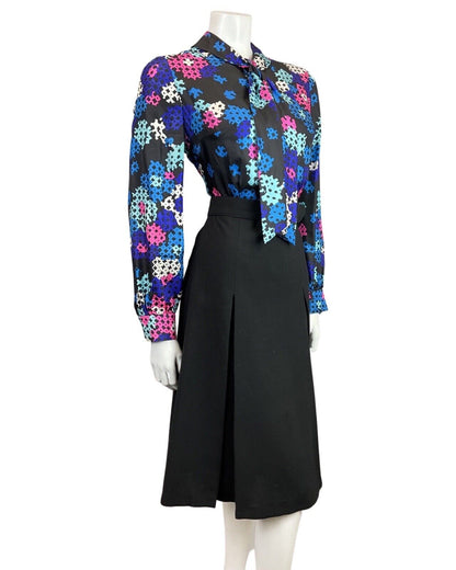 VINTAGE 60s 70s BLACK BLUE PINK GEOMETRIC BELTED PUSSYBOW SHIRT DRESS 12 14