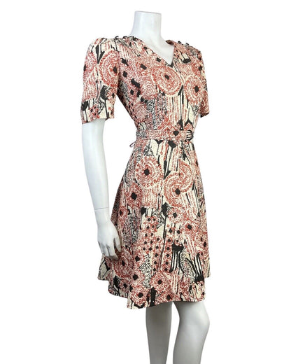 VINTAGE 60s 70s CREAM BLACK RED PSYCHEDELIC SWIRL BELTED SWING DRESS 12 14