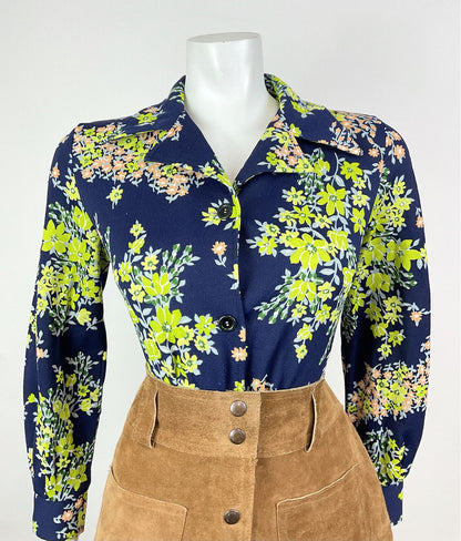 VINTAGE 60s 70s BLUE GREEN PINK FLORAL BLOSSOM WING COLLAR SHIRT BLOUSE 12 14