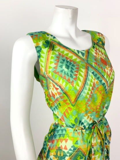 VINTAGE 60s 70s GREEN BLUE RED WHITE AZTEC GEOMETRIC TIERED SHEER DRESS 10 12