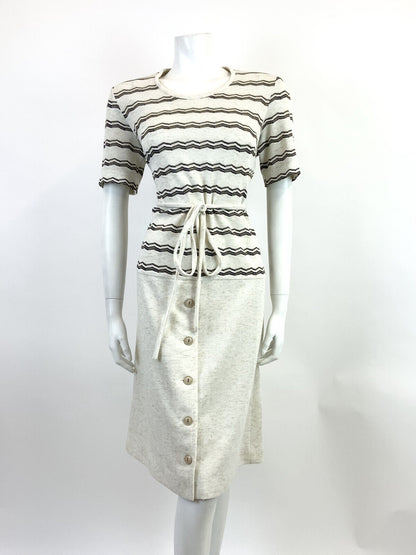 VINTAGE 60s 70s CREAM BLUE WHITE ZIG-ZAG STRIPED KNITTED DROP WAIST DRESS 14 16