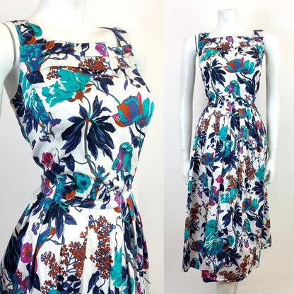 VINTAGE 60s 70s WHITE BLUE BROWN FLORAL SLEEVELESS SWING SUMMER DRESS 10 12