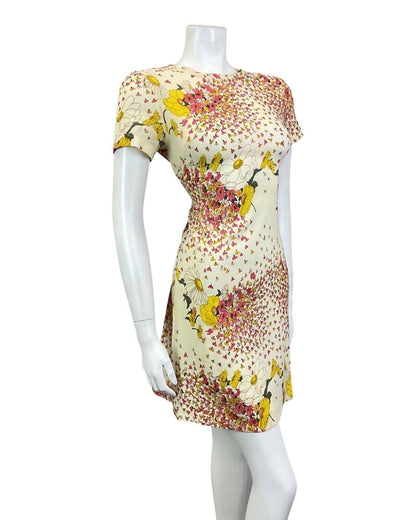 VINTAGE 60s 70s CREAM PINK YELLOW FLORAL PETAL SUMMER SHORT DRESS 8 10