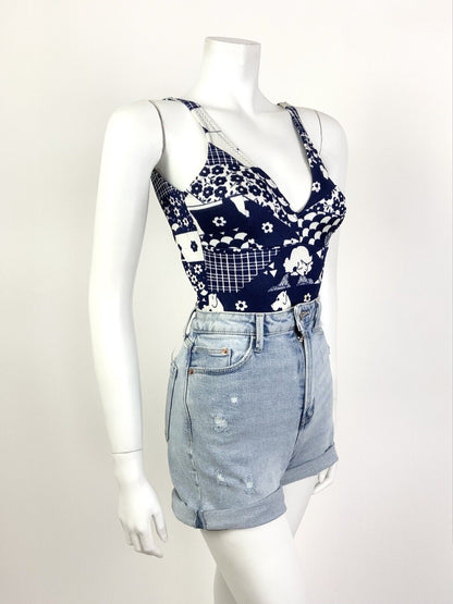VINTAGE 60s 70s BLUE WHITE FLORAL DOG SCALES MOD PATCHWORK SWIM BODY SUIT 8 10