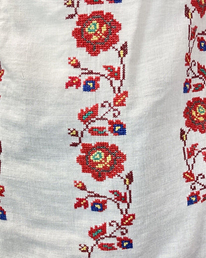 VINTAGE 60s 70s WHITE RED FLORAL CROSS-STITCH BOHO FOLK LONGSLEEVE BLOUSE 10 12