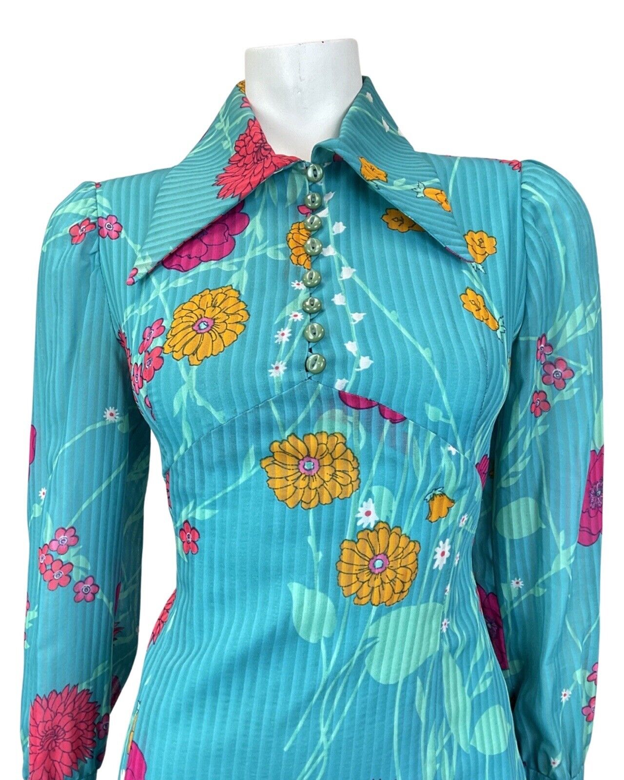 VINTAGE 60s 70s TEAL BLUE PINK ORANGE STRIPED FLORAL DAGGER SHIRT DRESS 10