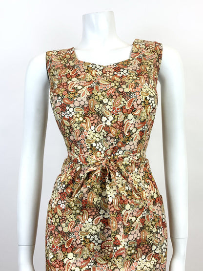 VTG 60s 70s CREAM GREEN RED BROWN FLORAL DITSY PAISLEY PSYCHEDELIC DRESS 12 14
