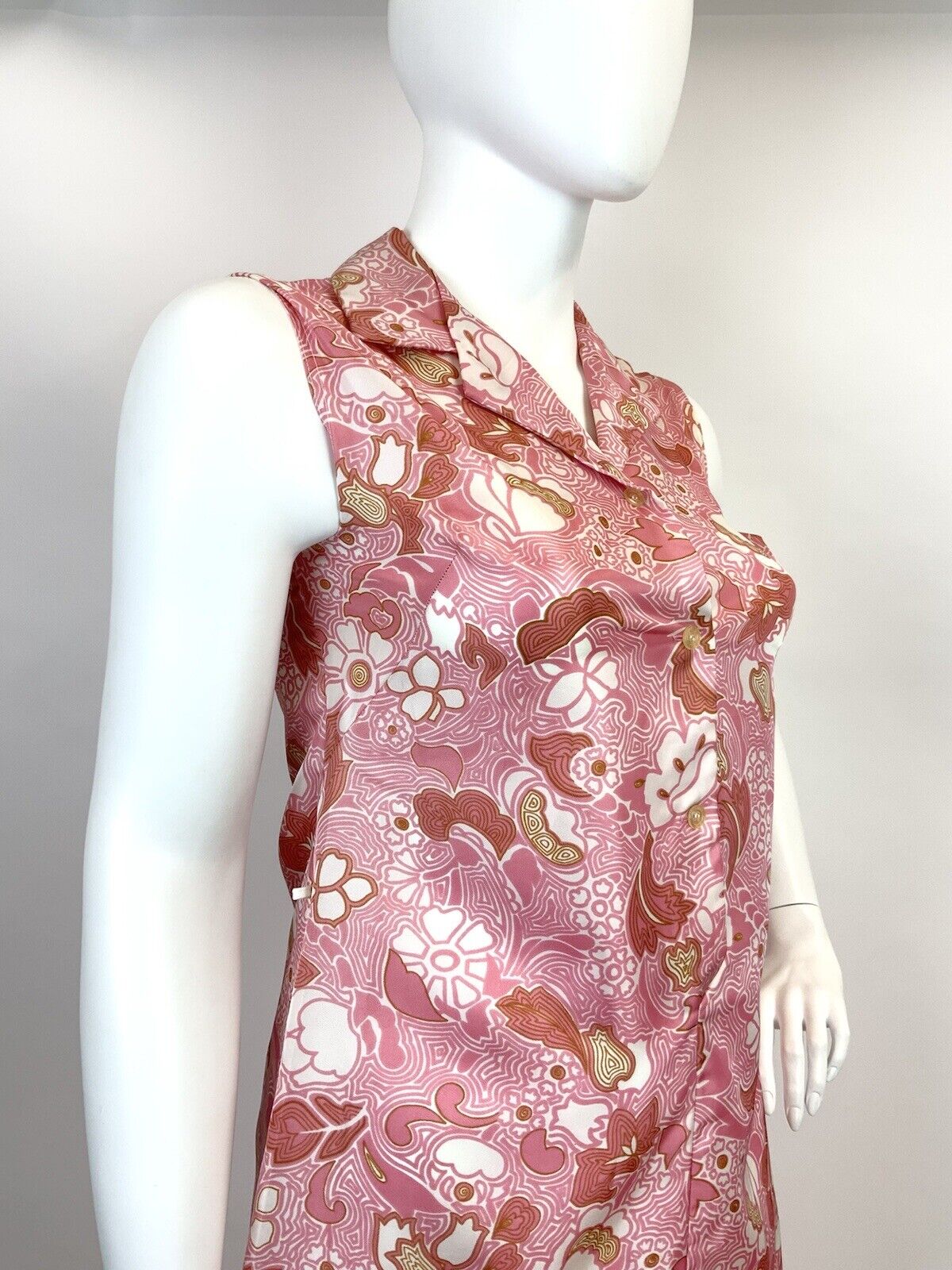 VINTAGE 60s 70s PINK WHITE GOLD PSYCHEDELIC SWIRL FLORAL MOD SHIRT DRESS 14 16