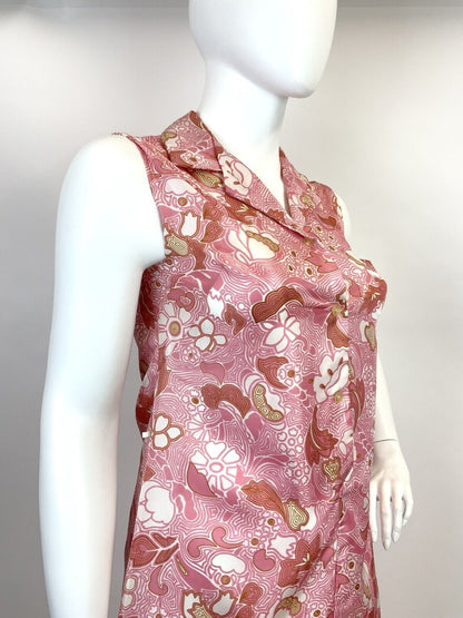VINTAGE 60s 70s PINK WHITE GOLD PSYCHEDELIC SWIRL FLORAL MOD SHIRT DRESS 14 16