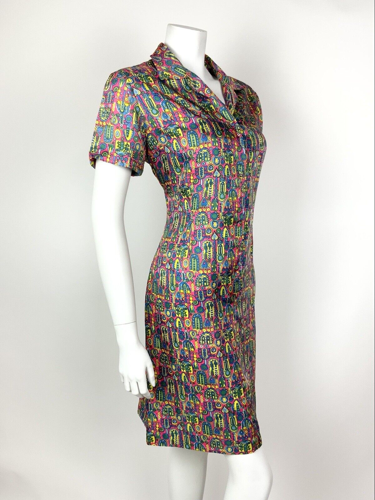 VINTAGE 60s 70s PINK BLUE GREEN YELLOW PSYCHEDELIC FLORAL SHIRT DRESS 12 14