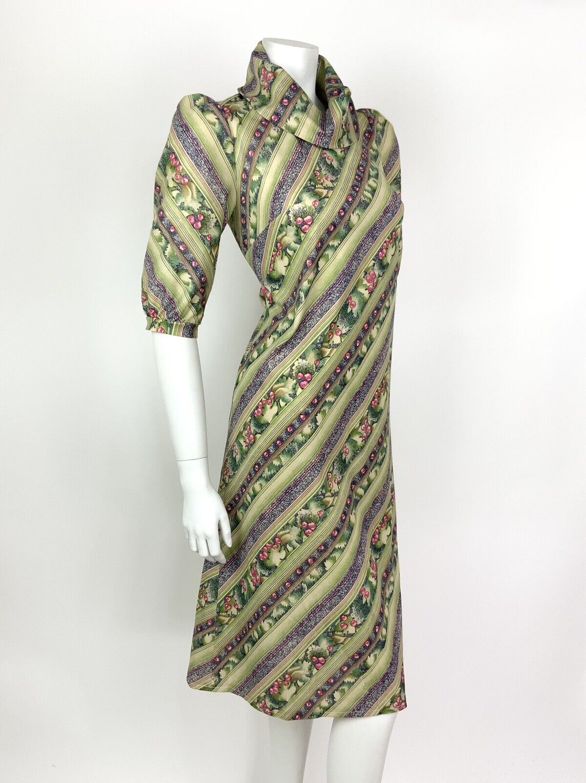 VTG 60s 70s GREEN PINK BLUE STRIPED SQUIGGLE BERRY LEAFY COWL A-LINE DRESS 10 12