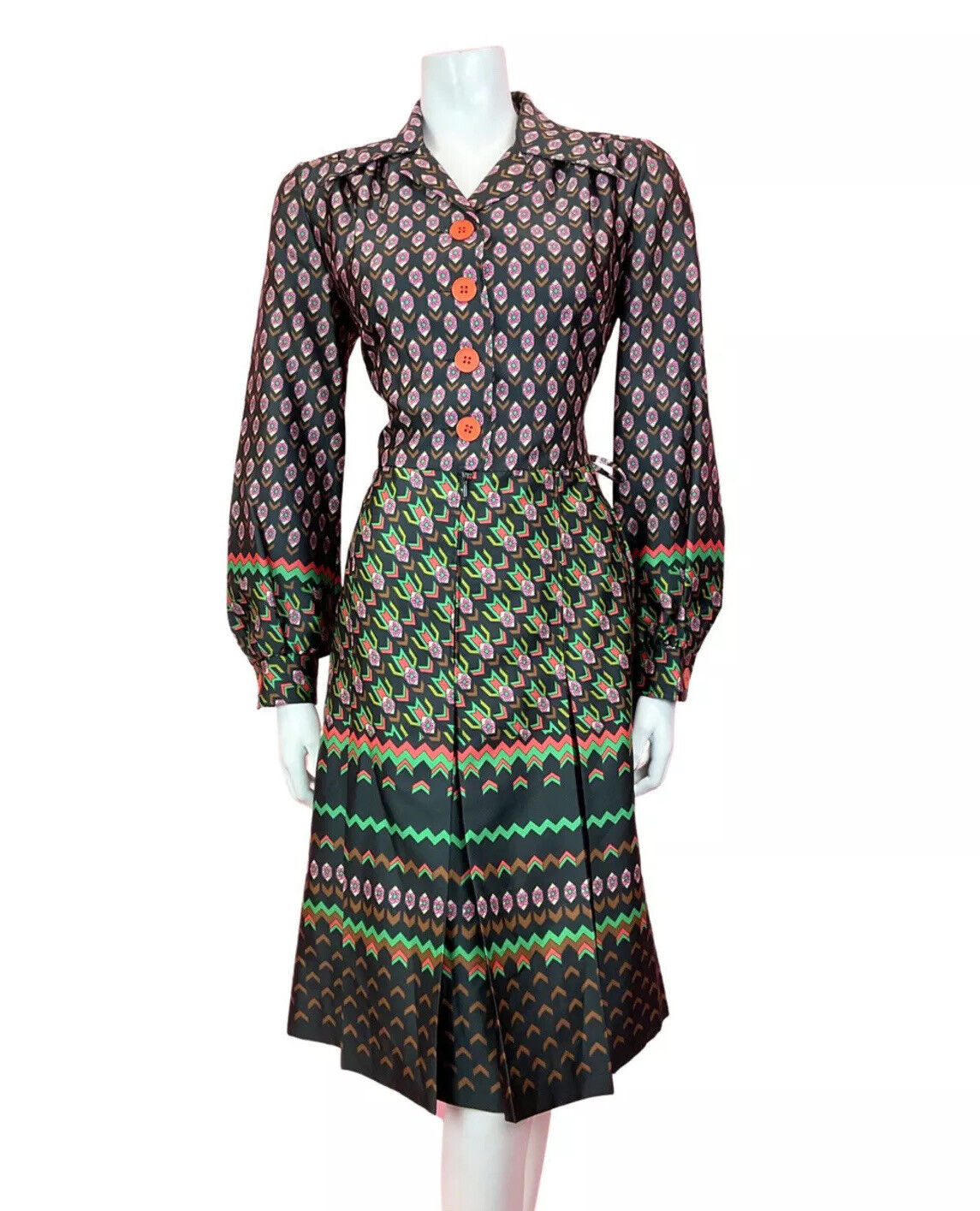 VTG 60s 70s BLACK GREEN PINK PSYCHEDELIC GEOMETRIC DAISY DAGGER SHIRT DRESS 14