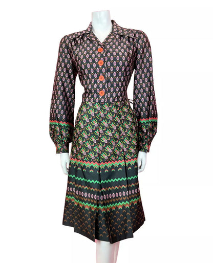 VTG 60s 70s BLACK GREEN PINK PSYCHEDELIC GEOMETRIC DAISY DAGGER SHIRT DRESS 14