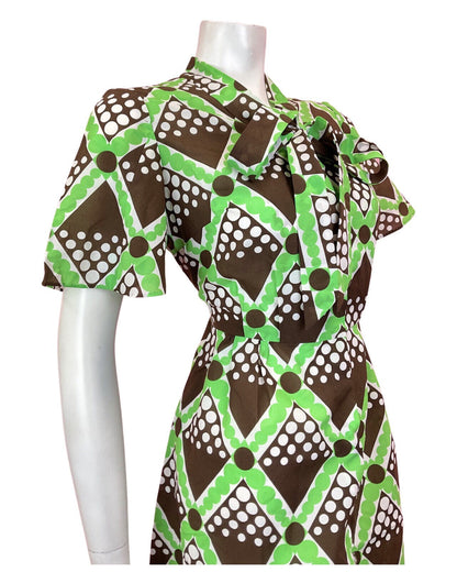 VINTAGE 60s 70s BROWN GREEN WHITE CHECKED GEOMETRIC PUSSYBOW MOD DRESS 10 12