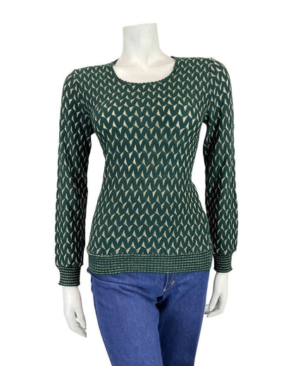 VINTAGE 60s 70s EMERALD GREEN GOLD TRIANGLE KNITTED JUMPER TOP 8 10