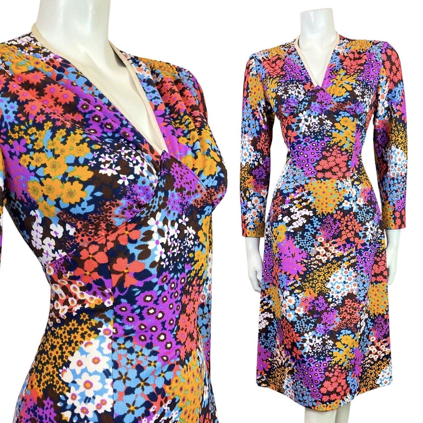 VINTAGE 60s 70s BLUE PURPLE PINK PSYCHEDELIC FLORAL DITSY FITTED DRESS 10 12