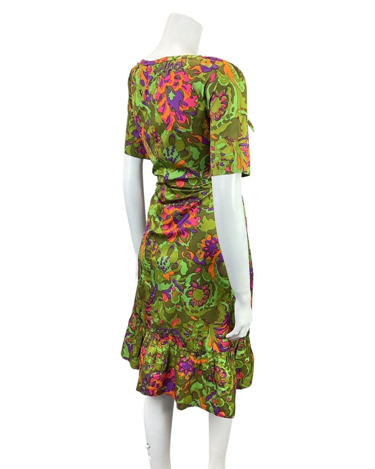 VINTAGE 60s 70s GREEN PURPLE ORANGE PSYCHEDELIC FLORAL SUMMER DRESS 12