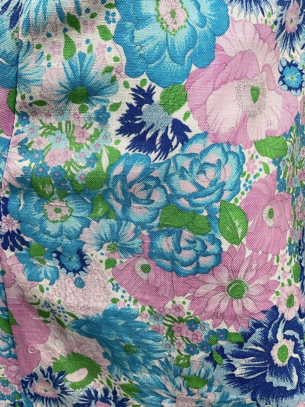 VINTAGE 60s 70s BLUE PINK WHITE FLORAL BOTANICAL SLEEVELESS SUMMER DRESS 14