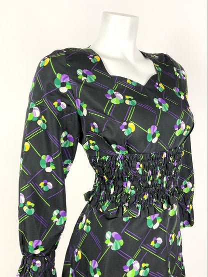 VINTAGE 60s 70s BLACK PURPLE GREEN CHECKED FLORAL SHIRRED SWEETHEART DRESS 10