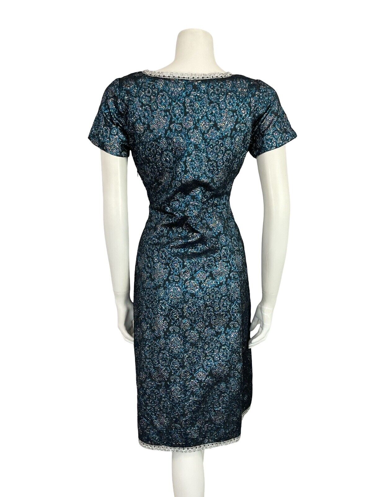 VTG 60S BLUE BLACK SILVER LUREX METALLIC BROCADE TRIM PARTY MIDI DRESS 10 12