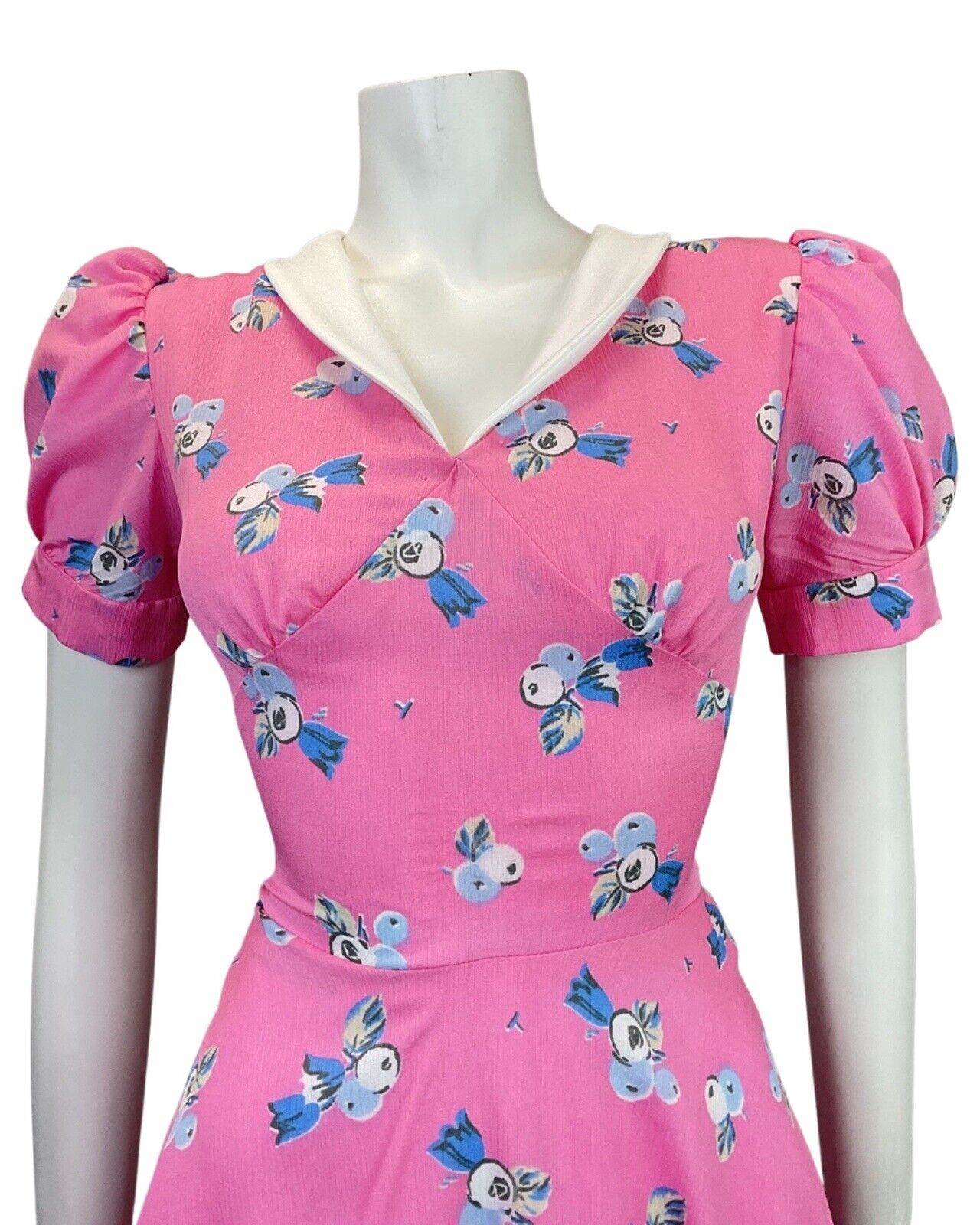 VINTAGE 60s 70s BUBBLEGUM PINK BLUE FLORAL BERRY SWING TEA DRESS 8