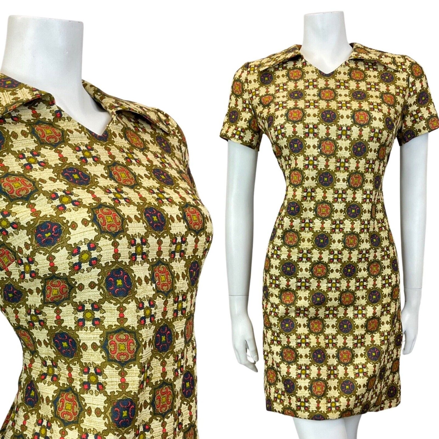 VINTAGE 60s 70s CREAM GOLD BLUE ORNATE CHECKED MOD SHORT SHIRT DRESS 10 12