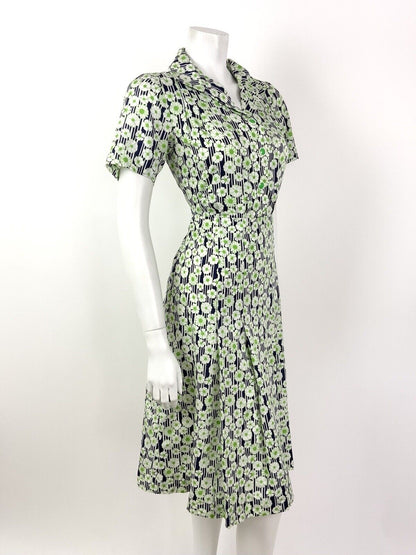 VINTAGE 60s 70s GREEN BLUE WHITE STRIPED FLORAL DAISY MOD SHIRT DRESS 12 14